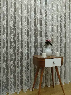 Ekru Serpme Damaks Desenli Örme Tül Perde - Ekru