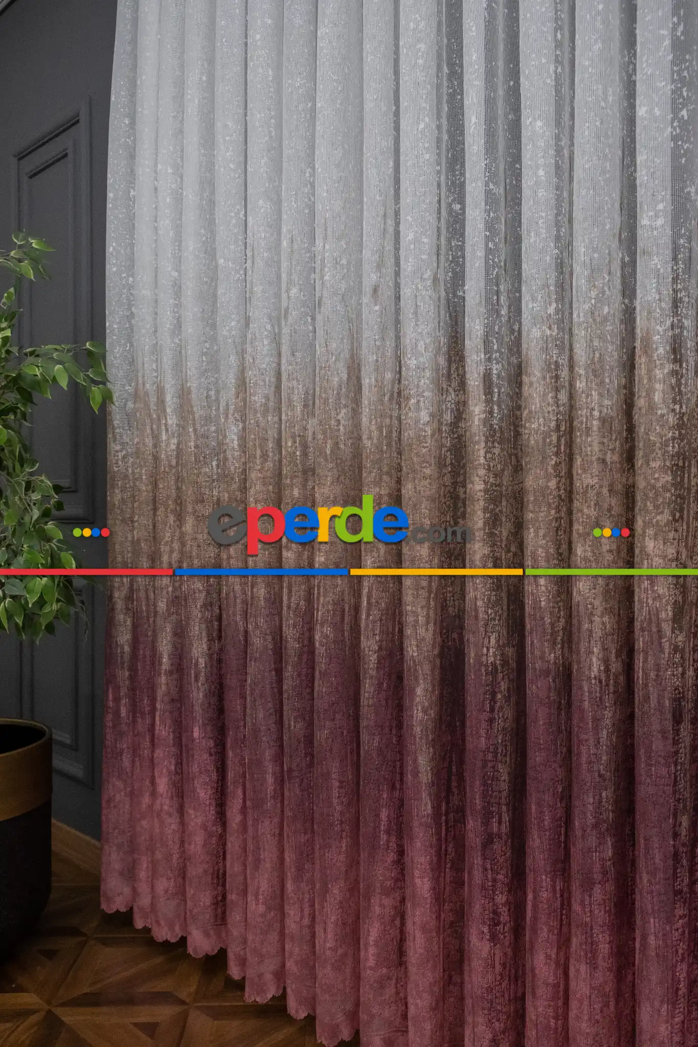 Salon Tül Modelleri - Modern Pembe Ve Kahverengi Desenli Degrade Geçişli Örme Tül Perde Yüksek Kalite