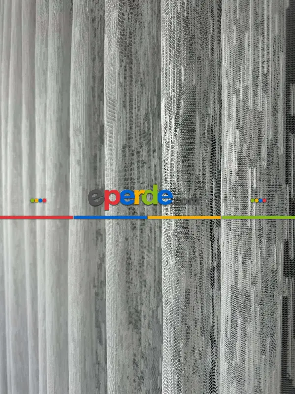 Ekru Çizgili Modern Desen Örme Tül Perde