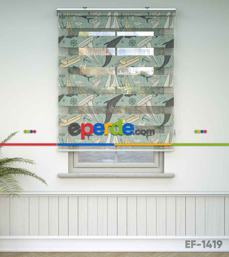 Deniz Temalı Baskılı Zebra Perde- Çok Renkli