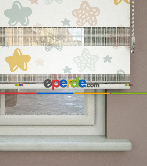 Yıldız Desenli Baskılı Zebra Perde- Çok Renkli