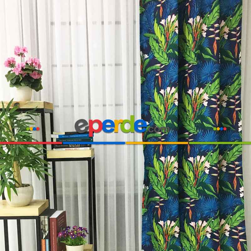 Tropikal Desenli Fon Perde Evm1107 Kumaşı Kalındır Duck Bezi Değildir- Yeşil-Beyaz