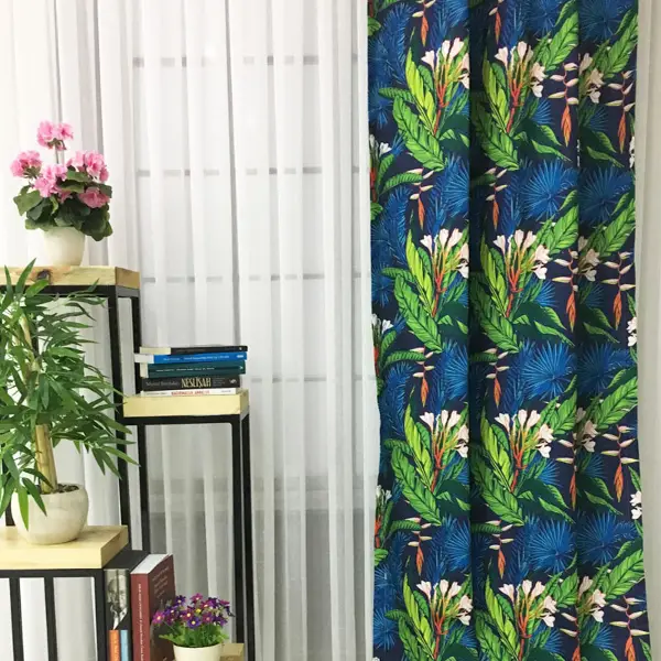 Salon Fon - Tropikal Desenli Fon Perde Evm1107 Kumaşı Kalındır Duck Bezi Değildir- Yeşil-Beyaz