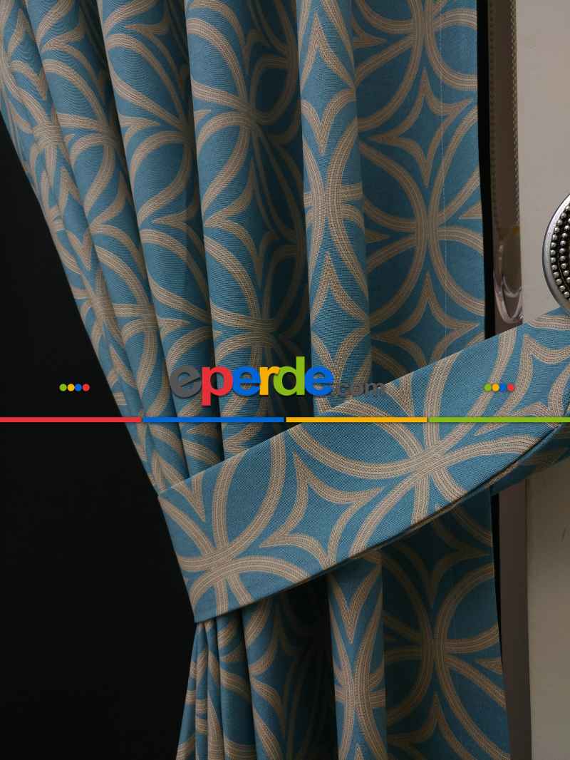 Dairesel Desenli Yatak Odası Fon Perde- Turkuaz