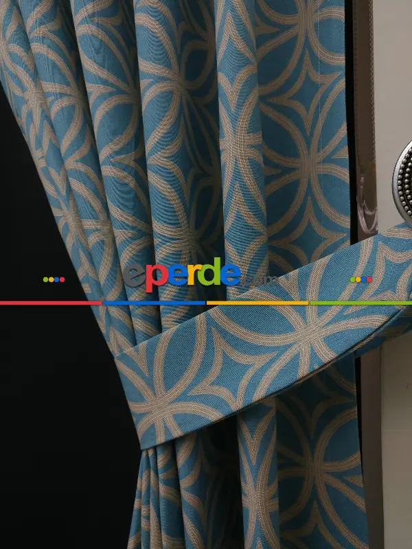 Salon Fon Perde - Dairesel Desenli Yatak Odası Fon Perde- Turkuaz