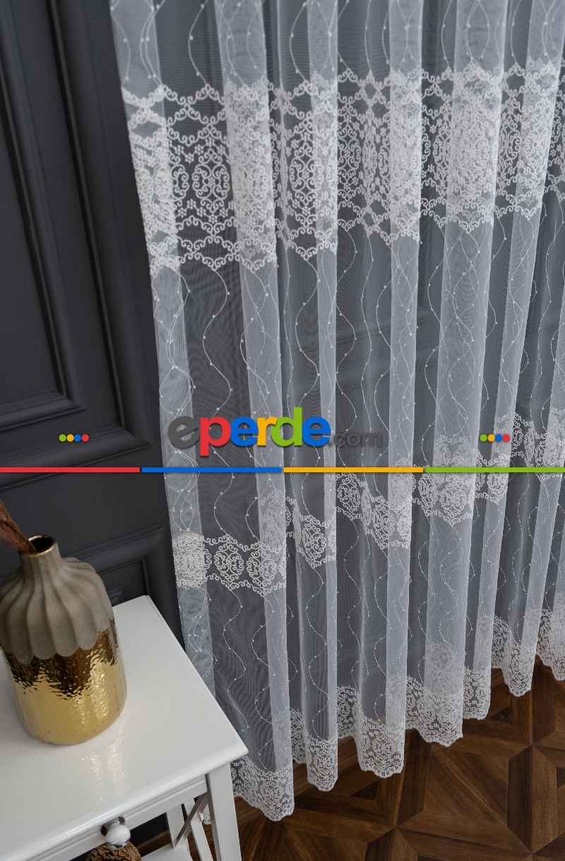 Brillant Tül Perde - Ela Brode İşlemeli Tül Perde - Damask Desenli Tül - Avangart Tül - Ottoman Tül