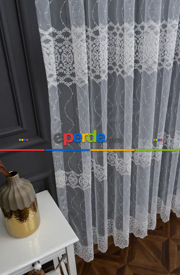 Brillant Tül Perde - Ela Brode İşlemeli Tül Perde - Damask Desenli Tül - Avangart Tül - Ottoman Tül