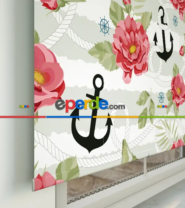 Çapa Baskılı Stor Perde- Kırmızı-beyaz