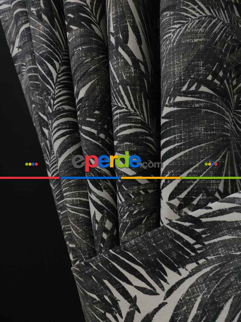 Tropikal Yaprak Desenli Fon Perde(leke Tutmaz)- Siyah-beyaz