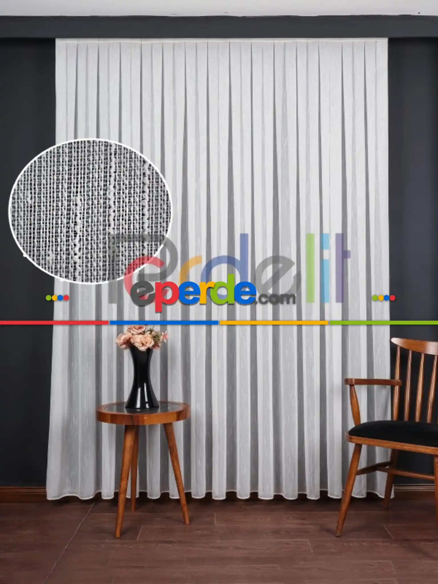 Bambu Zemin Noktalı Ve Çizgili Simli Düz Tül Perde Gramajlı