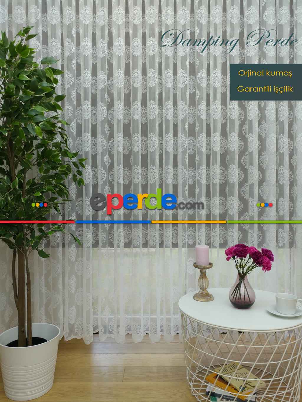 ( Orjinal ) Damask Desen Salon Fransız Dantel Tül Perde & Kruvaze Perde- Ekru