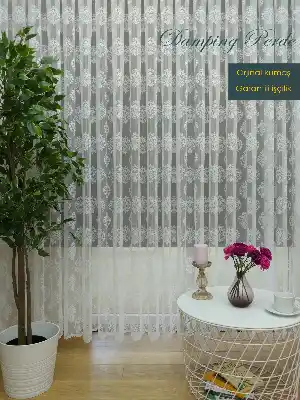 ( Orjinal ) Damask Desen Salon Fransız Dantel Tül Perde & Kruvaze Perde- Ekru