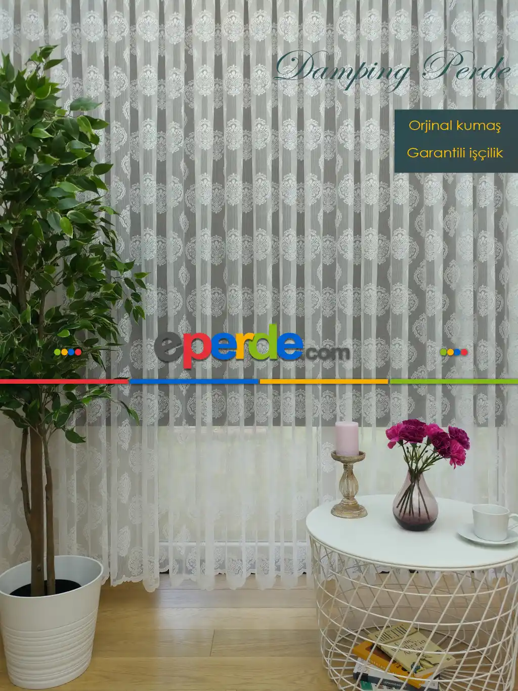 ( Orjinal ) Damask Desen Salon Fransız Dantel Tül Perde & Kruvaze Perde- Ekru