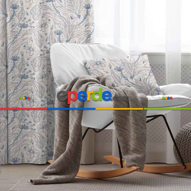 Oturma Odası Fon Perde Evim1598 Kumaşı Kalındır Duck Bezi Değildir- Mavi-beyaz