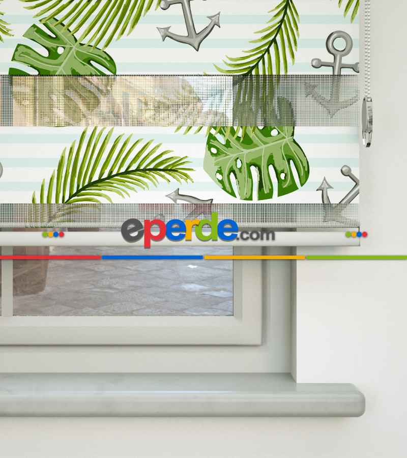 Çocuk Odası Zebra Perde - Yaprak Ve Çapa Desenli Baskılı Zebra Perde- Yeşil