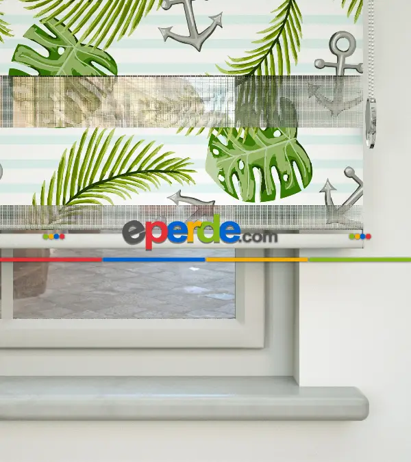 Genç Odası - Yaprak Ve Çapa Desenli Baskılı Zebra Perde- Yeşil