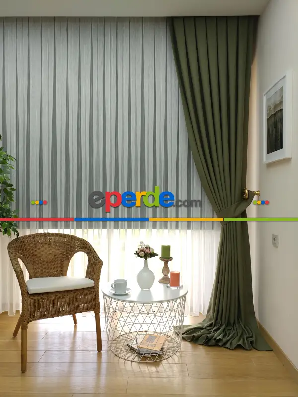 Salon Perdesi - Haki Yeşili - Düz Keten Fon Perde (  Keten Fon Perde)- Yeşil