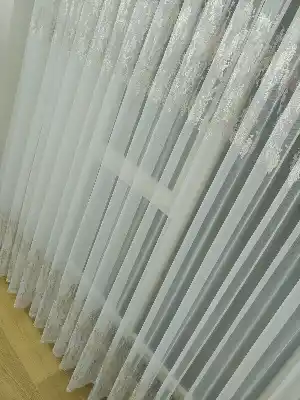 Ağaç Kabuğu Desenli Kabartma Nakış İşlemeli Tül Perde- Krem-ekru