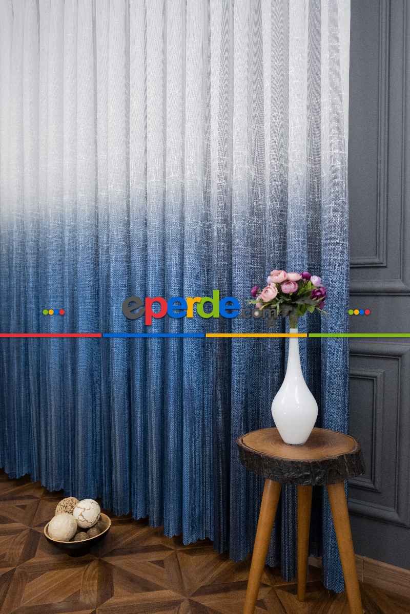 Salon Tül Modelleri - Modern Mavi Desenli Degrade Geçişli Tül - Örme Dantel Tül