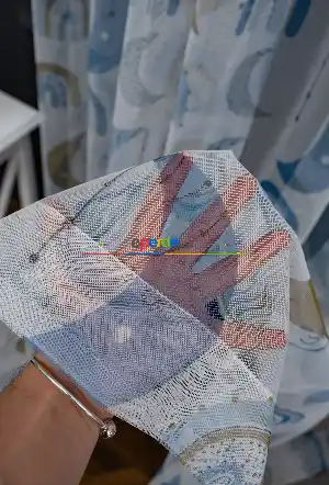 Hazır Ölçülü Petek Zemin Mavi Renkli Ay Desenli Grek Baskılı Tül Perde