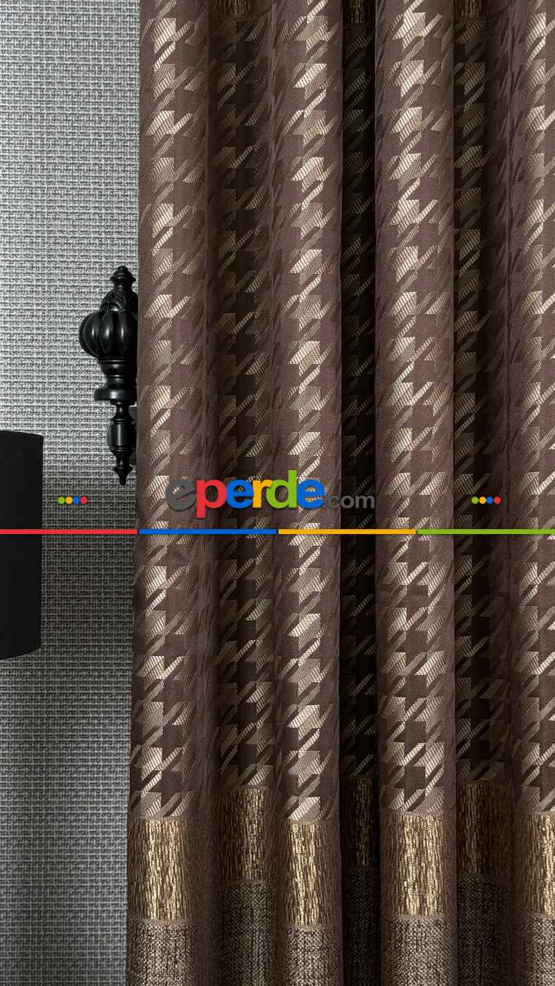 Kahverengi Altın, Kazayağı Desenli Jakar Dokuma Fon Perde