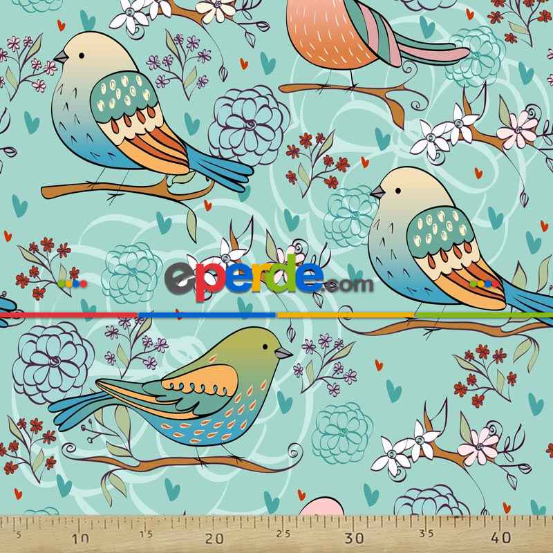 Kuş Desenli Fon Perde Evm1087-3 Kumaşı Kalındır Duck Bezi Değildir- Beyaz-Mavi Açık
