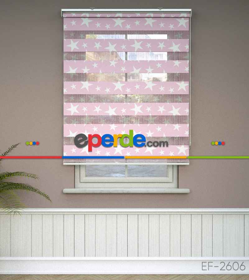 Pembe Yıldız Desenli Baskılı Zebra Perde