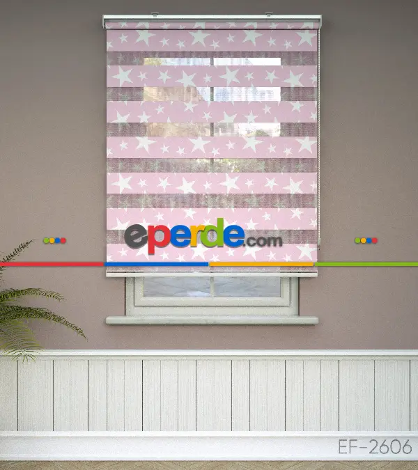 Pembe Yıldız Desenli Baskılı Zebra Perde