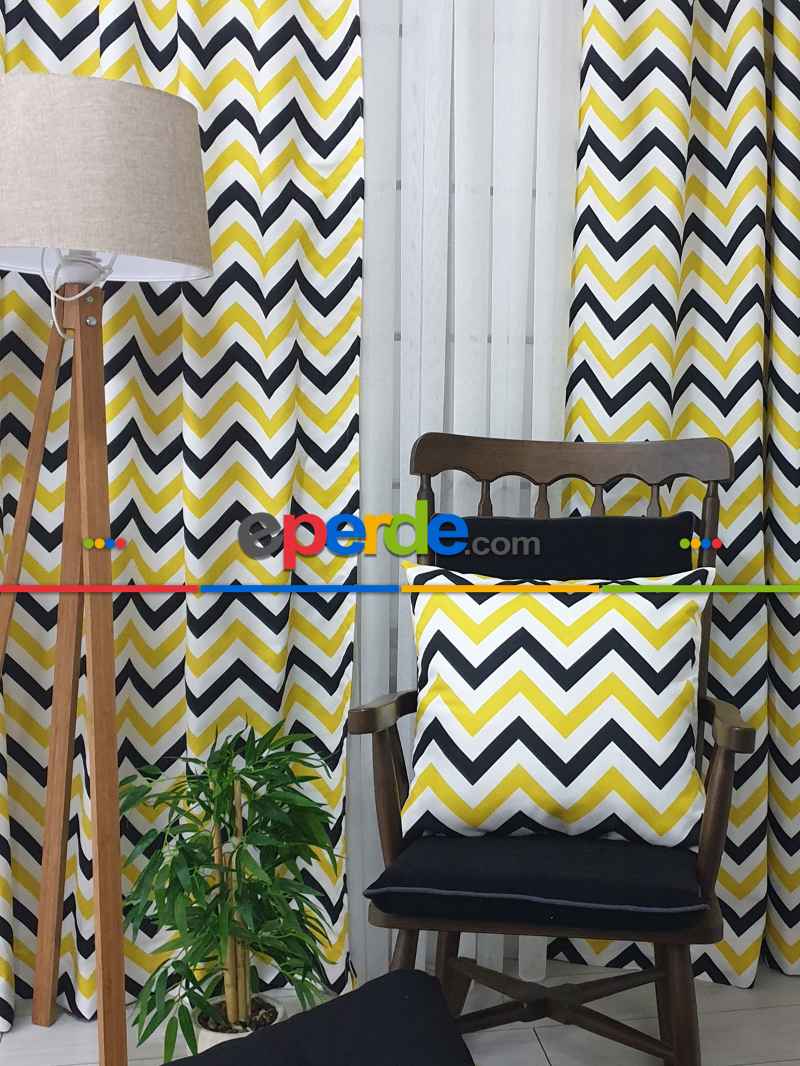 Siyah-Sarı Modern Mutfak Perdesi Kanat Fon Perde Zikzak Desenli- Siyah