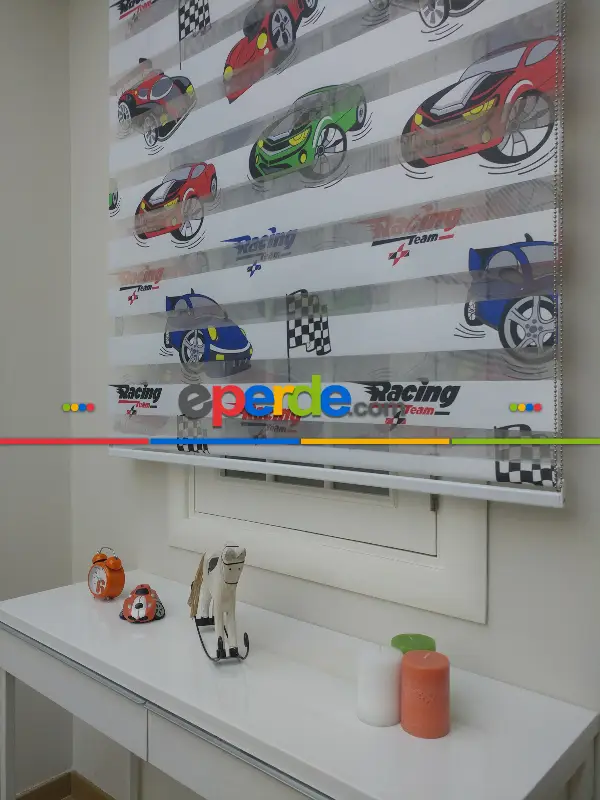 Bebek Odası Zebra Perde - Zebra Perde Racing- Mavi