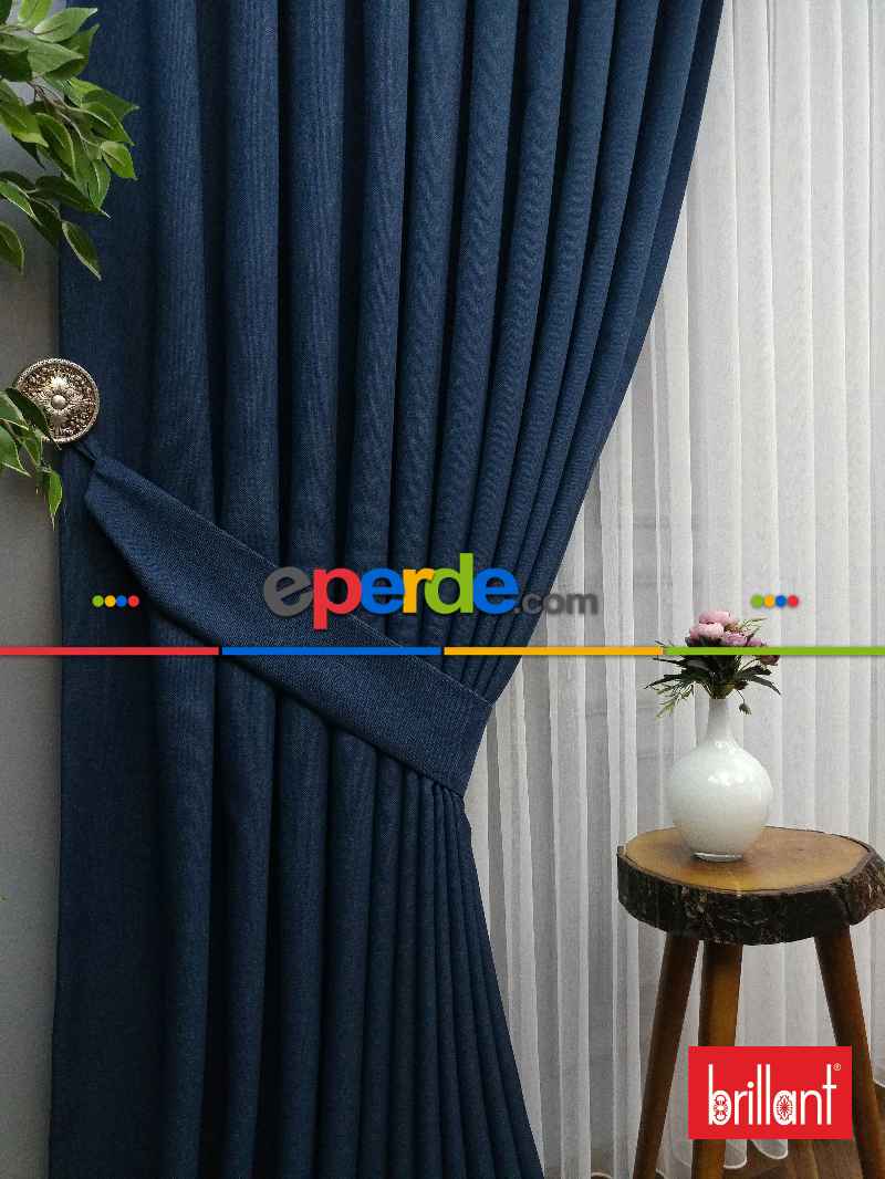 Brillant Keten Petrol Mavi Renk Düz Fon Perde - Petrol Mavisi