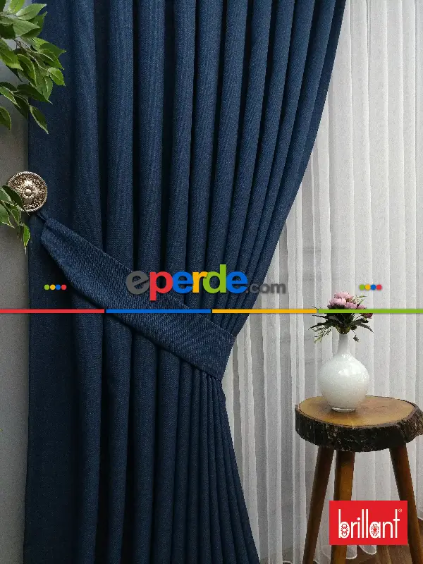 Yatak Odası - Brillant Keten Petrol Mavi Renk Düz Fon Perde - Petrol Mavisi