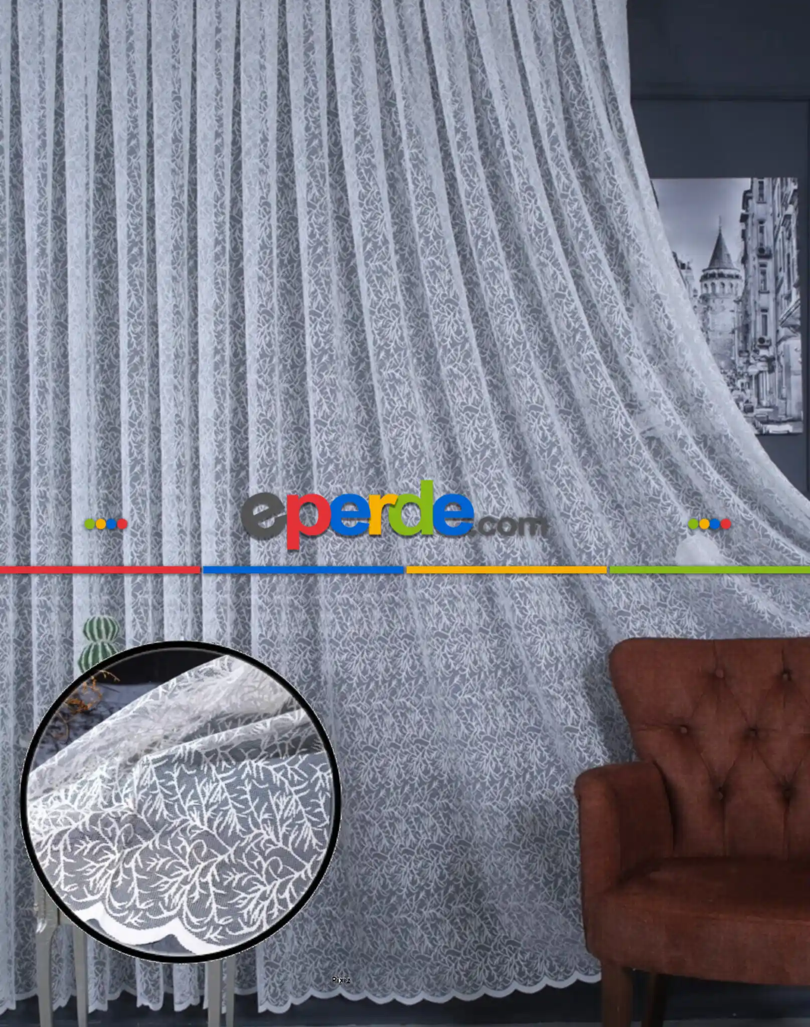 Örme Tül Dal Desen Ekru