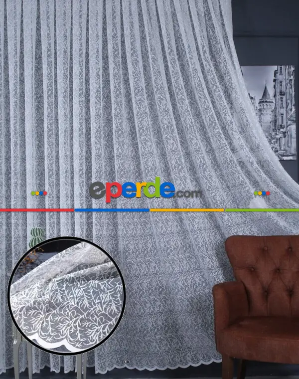 Örme Tül Dal Desen Ekru