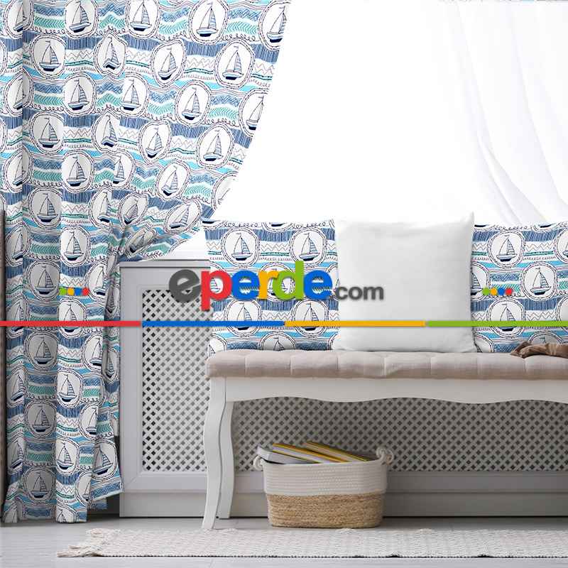 Yelken Desenli Fon Perde Evim791 Kumaşı Kalındır Duck Bezi Değildir- Mavi-beyaz