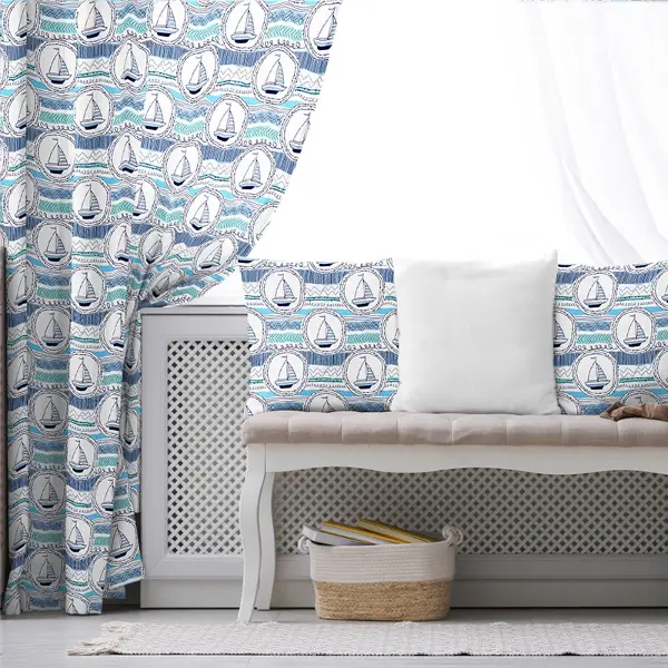 Çocuk Odası - Yelken Desenli Fon Perde Evim791 Kumaşı Kalındır Duck Bezi Değildir- Mavi-beyaz