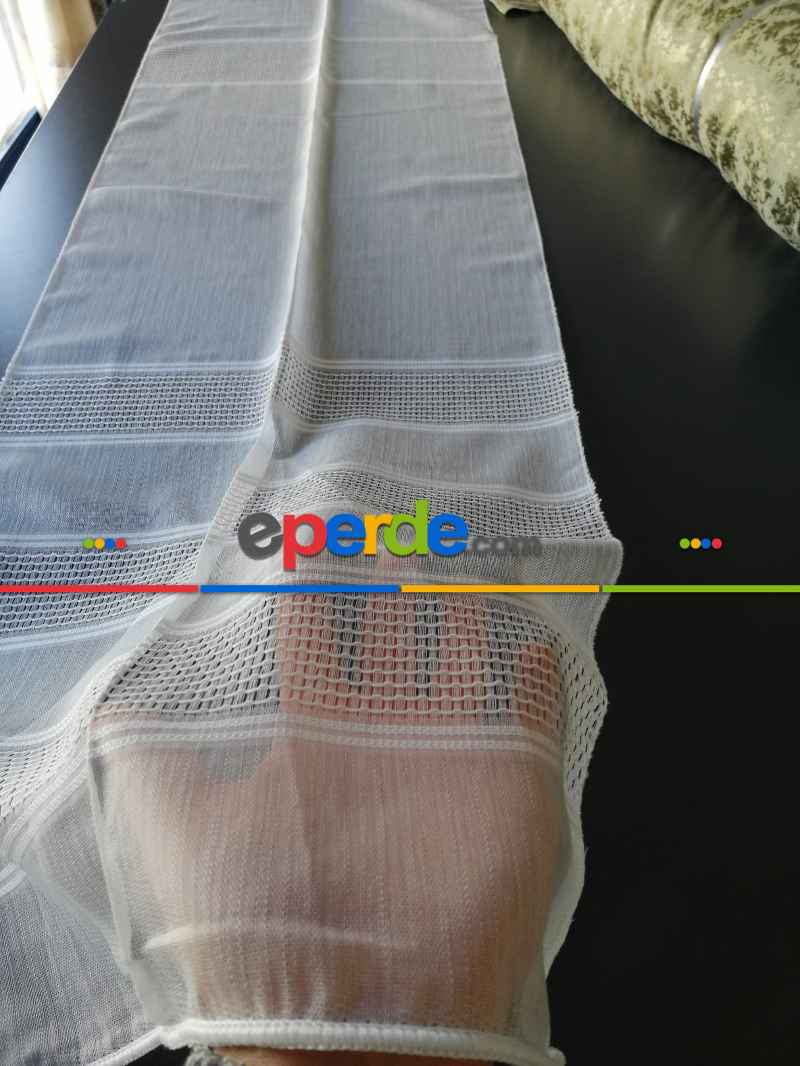 Salon - Bambu Vakko Enine Bantlı Tül Ekru