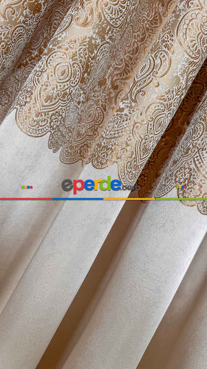 Krem Altın Fon Perde, Damask Desenli