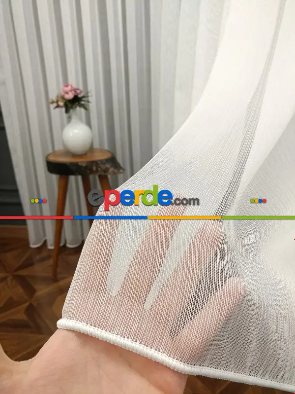 Ekru Boydan Çizgili Düz Armür Tül Perde - Ütü İstemez