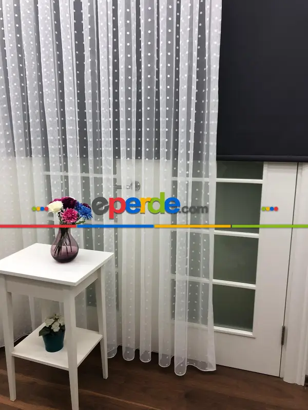 Puantiyeli Spor Desenli Tül Perde- Ekru - Kurşunlu Tül
