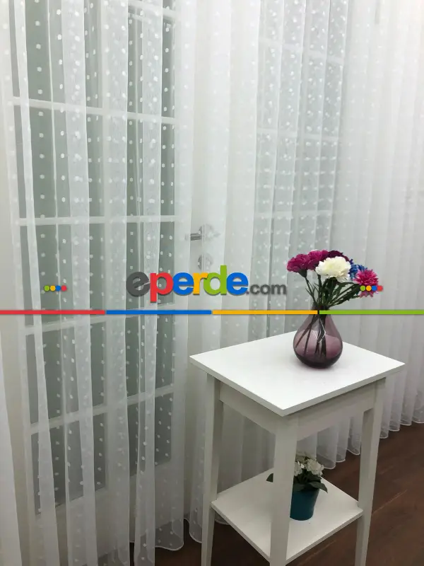 Puantiyeli Spor Desenli Tül Perde- Ekru - Kurşunlu Tül