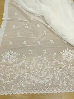 Etek Ucu Yoğun Desenli Çiçek Dantel Tül Perde - Ekru