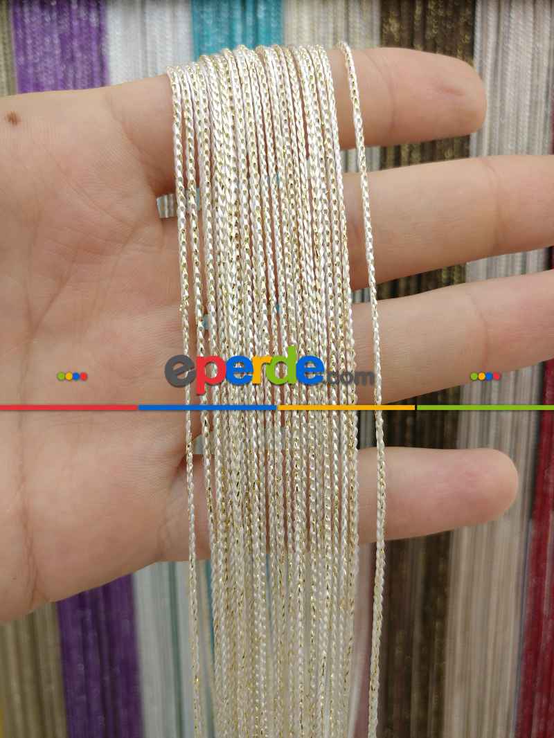 Beyaz Altın Rengi İp Perde İnce Zincir Simli Serisi- Beyaz-altın