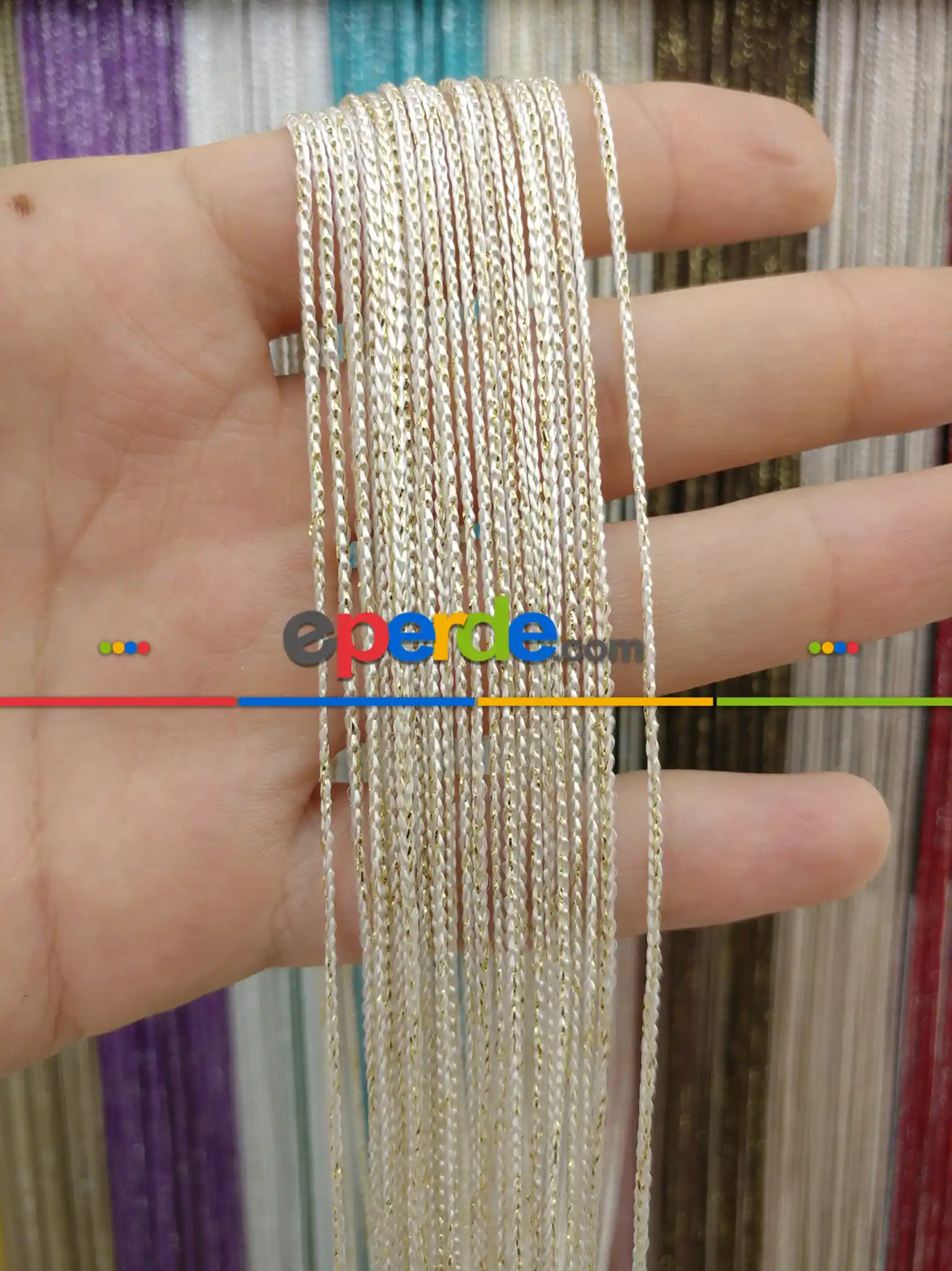 Beyaz Altın Rengi İp Perde İnce Zincir Simli Serisi- Beyaz-altın