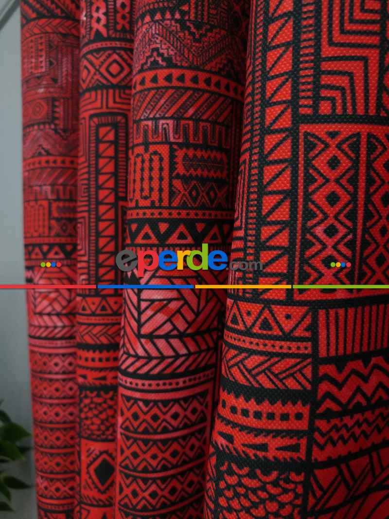 Kırmızı Geometrik Desenli Fon Perde Evm708 Kumaşı Kalındır Duck Bezi Değildir- Kırmızı Koyu