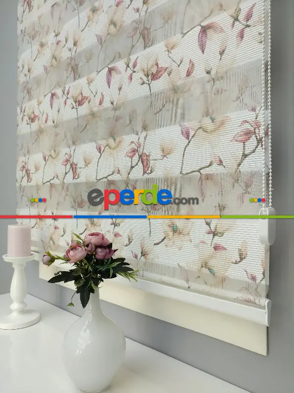 Salon Zebra Perde - 2021 Sezonu - Zebra Perde - Dijital Baskılı Çiçek Desenli Zebra Perde- Bej