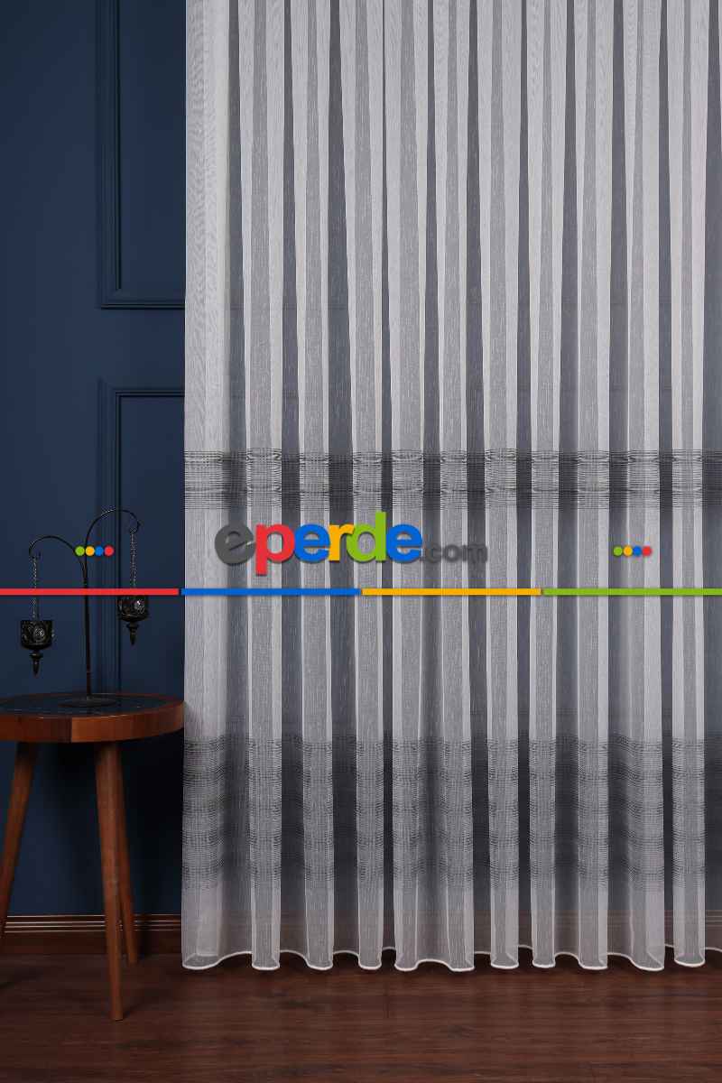 Salon Tül Modelleri - Enine Bantlı Simli Düz Tül Perde Ütü Istemez