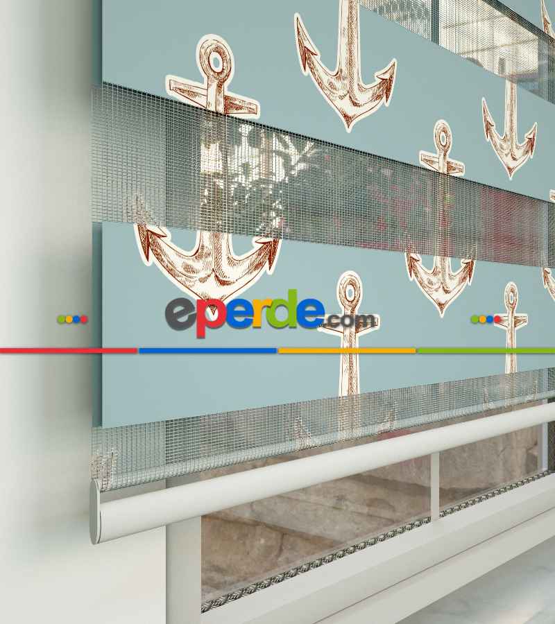 Bebek Odası Zebra Perde - Çapa Desen Baskılı Zebra Perde- Mavi-Kahverengi