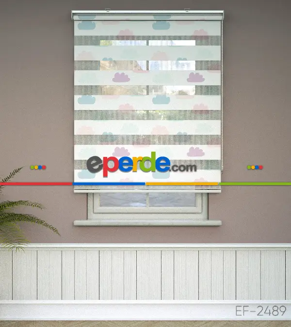 Bulut Desenli Baskılı Zebra Perde- Çok Renkli