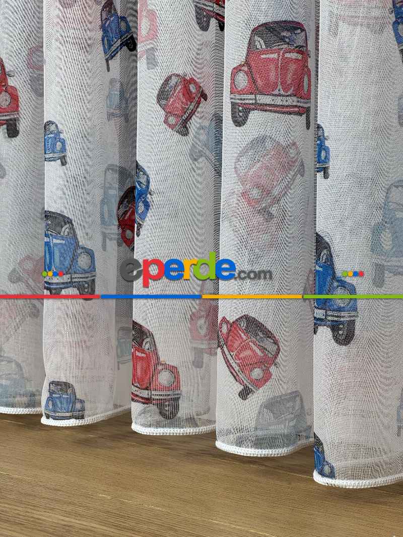 Çok Renkli Araba Desen Baskılı Tül Perde, Çocuk-bebek Odası, Premium Seri